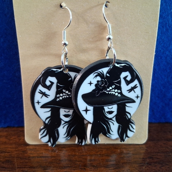 Hand Crafted Jewelry - Witchy Woman Earrings Witch Hat Black & White French Hooks